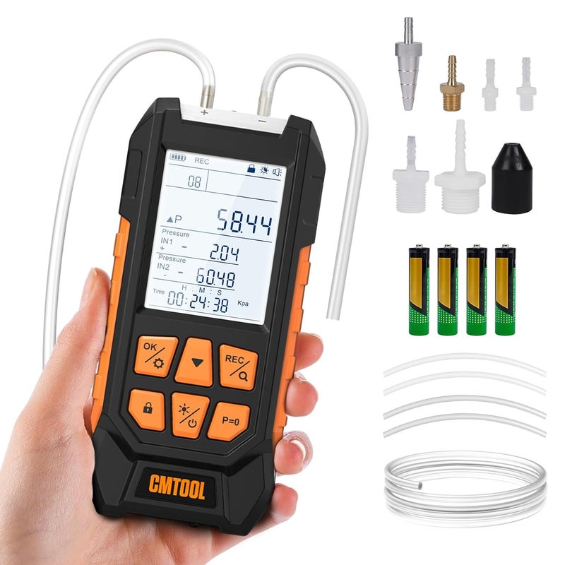 CMTOOL Manometer Gas Pressure Tester, Digital Manometer, -100-200Kpa, 10 Units Differential Pressure Gauge, Max/Min/Data Storage, 2-Port Tester for HVAC/Automotive Brake/Industrial/Lab Calibration - Image 1